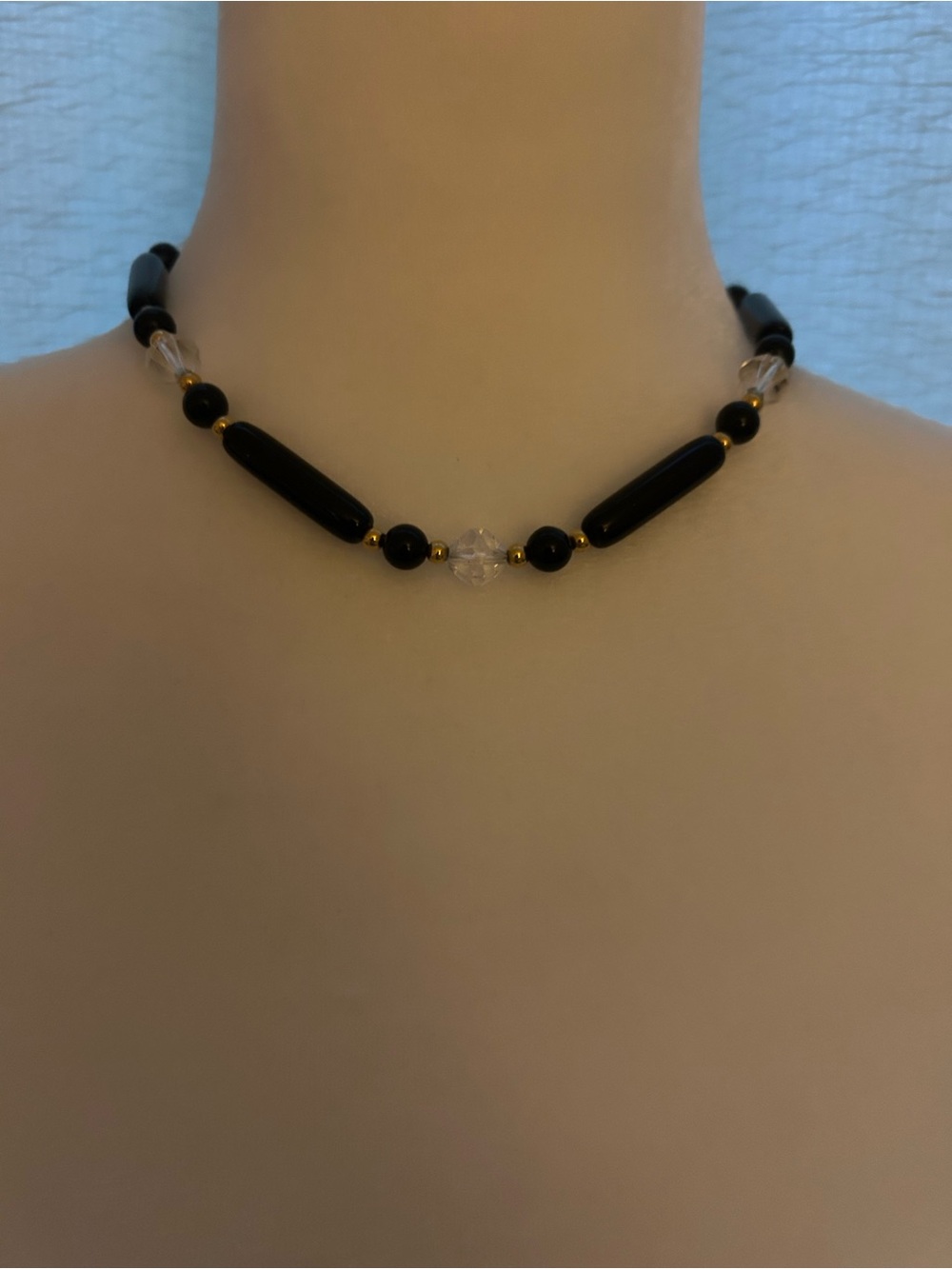 Vintage Trifari Black Beaded Choker Necklace with Clear Accents